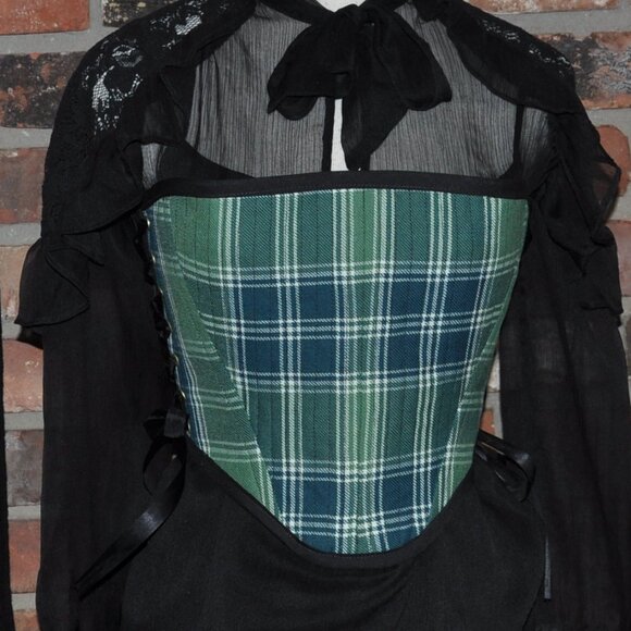 New Reversible Green Plaid & Denim Side & Back Lace-up Corset Bustier Top M - Picture 2 of 13